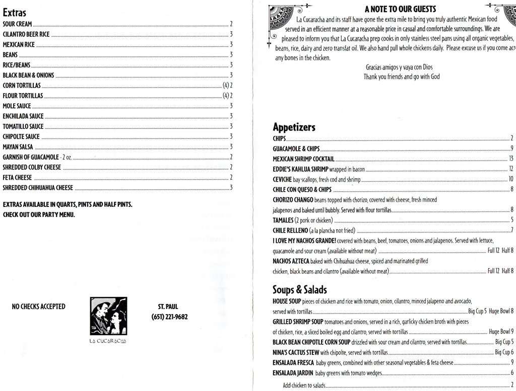 Menu at La Cucaracha Mexican Restaurante, Saint Paul, 36 S Dale St South