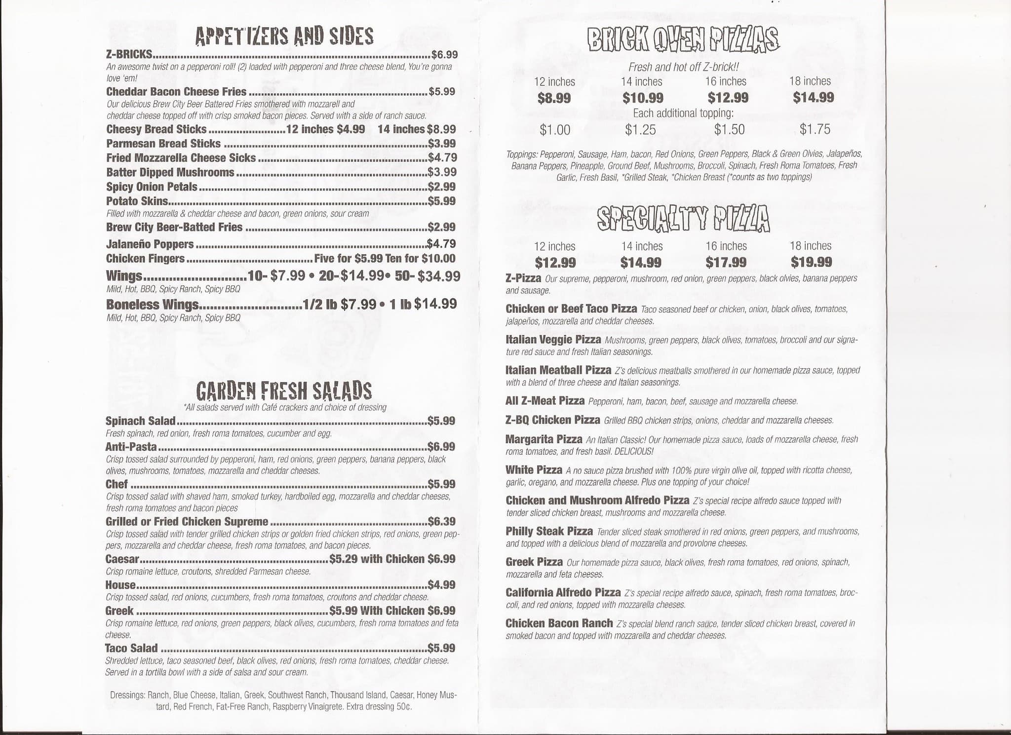 Z Brick Oven Pizza Menu Menu For Z Brick Oven Pizza Huntington Huntington