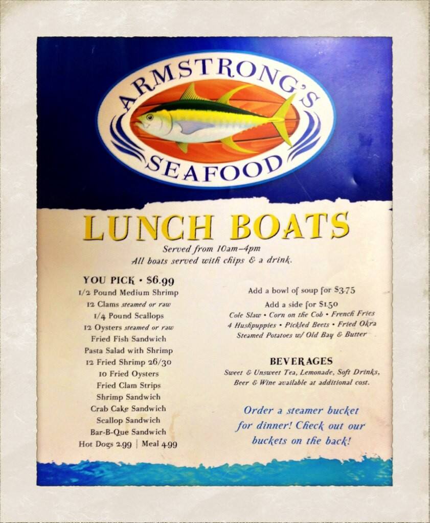 Armstrong Seafood menu, Menu restauracji Armstrong Seafood, Nags Head