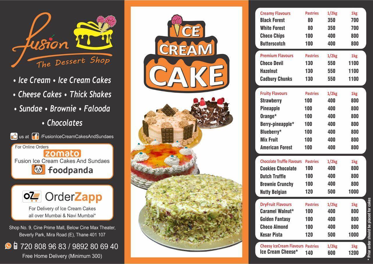 Fusion Ice Cream Cakes and Sundaes Menu Zomato