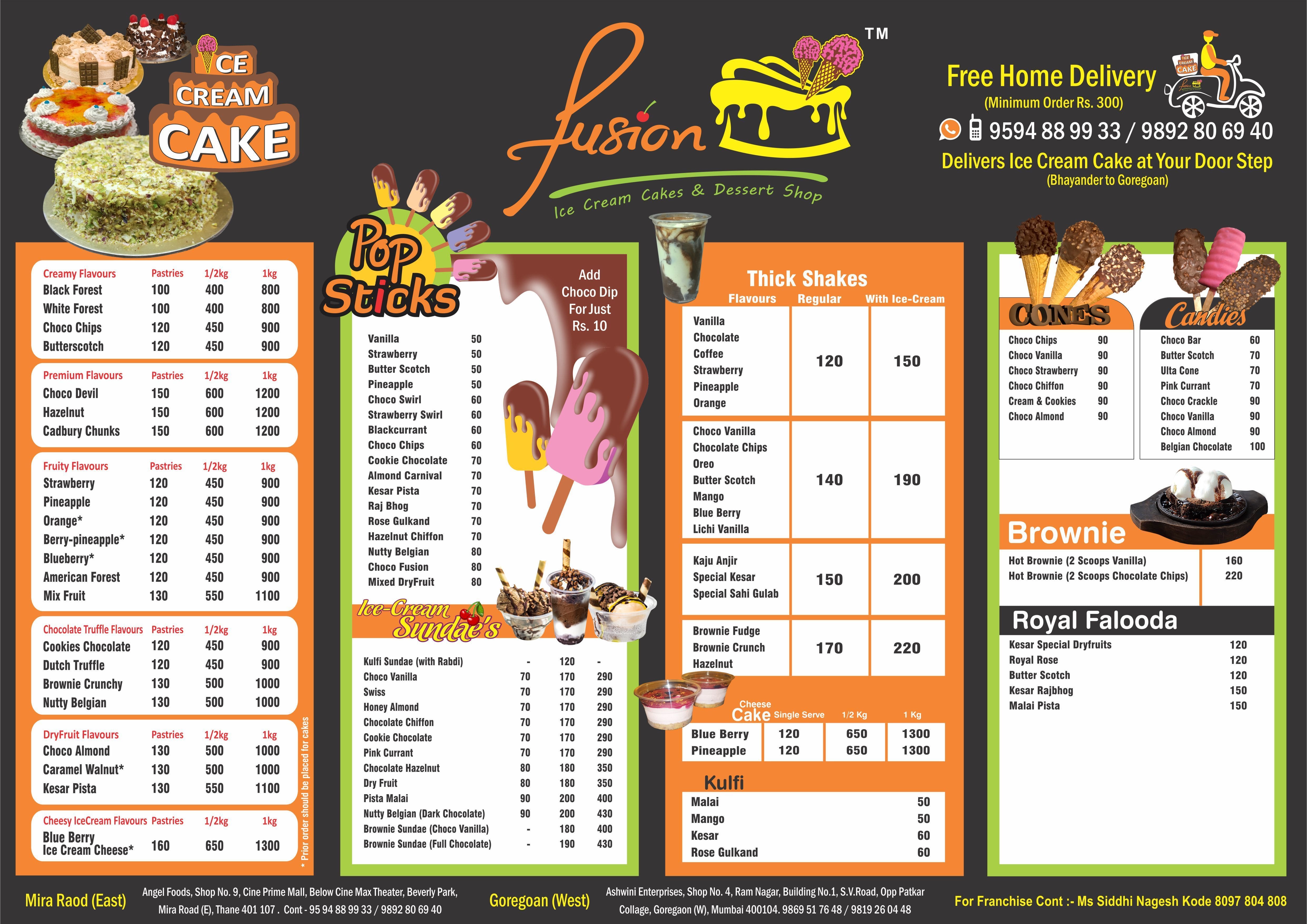 Fusion Ice Cream Cakes and Sundaes Menu Zomato