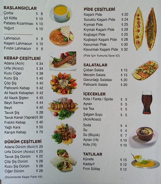 menu at heey kebap istanbul