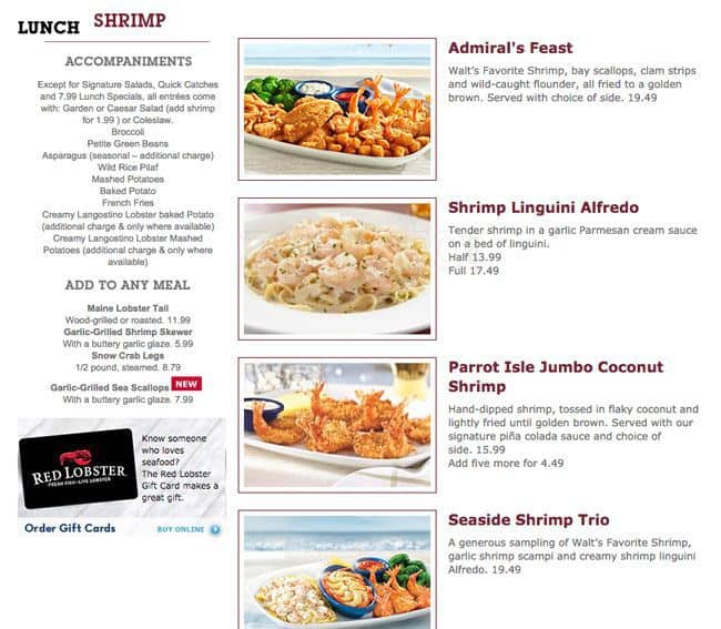 Prices For Menu Prices For Red Lobster