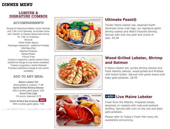dinner red lobster menu