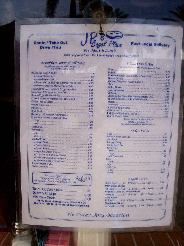JP's Bagel Place Menu, Menu for JP's Bagel Place, Hollywood/Hallandale