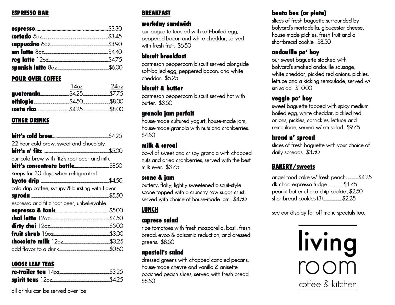 W New York Living Room Menu