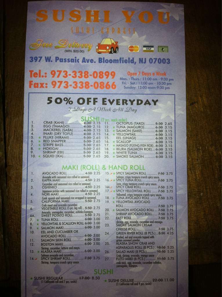 Sushi You Menu, Menu v reštaurácii Sushi You, Bloomfield, Bloomfield Urbanspoon/Zomato