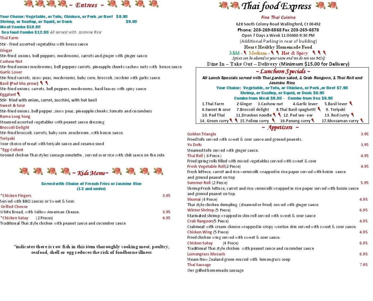 Thai Food Express Restaurant Menu Urbanspoon/Zomato