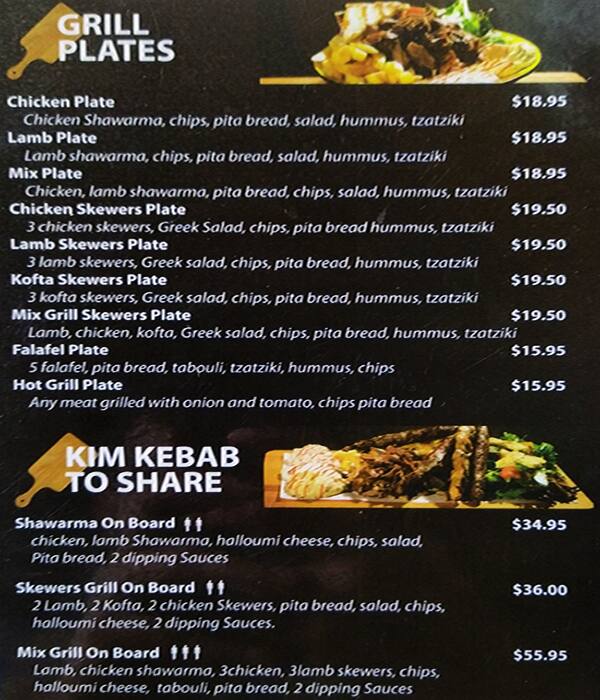 Menu at Kim Kebab fast food, Dandenong South