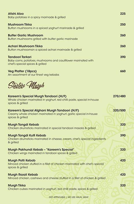 Kareem's kebab & biryani menu