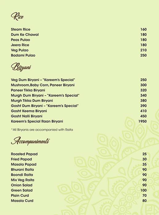Kareem's kebab & biryani menu