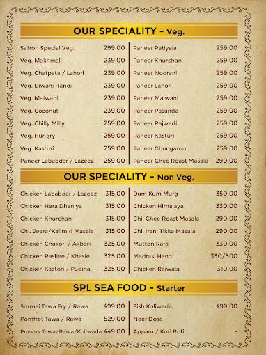 Safron Exotic menu