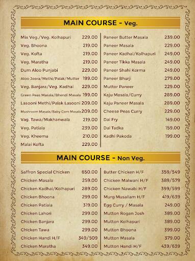 Safron Exotic menu
