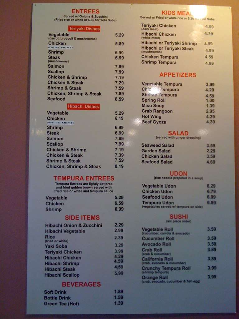 Hibachi Japan Menu, Menu for Hibachi Japan, Wake Forest, Research