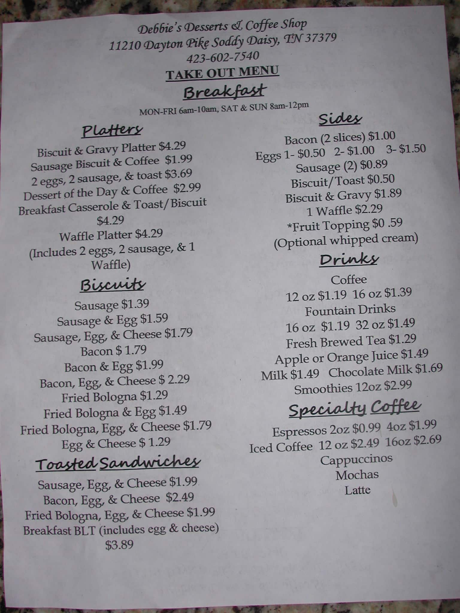 Debbie's Desserts & Coffee Shop Menu Urbanspoon/Zomato