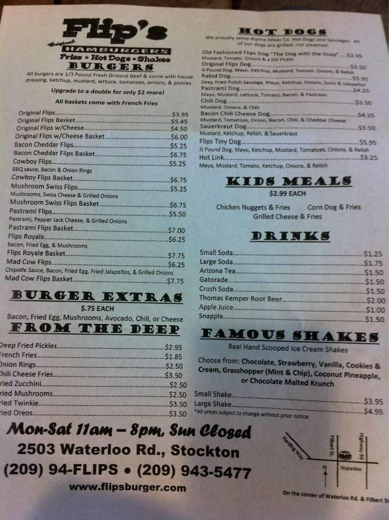 Menu at Flip's Burgers restaurant, Stockton