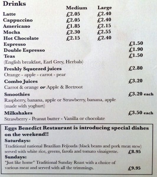 Menu at Eggs Benedict cafe, London, 224 Merton High St