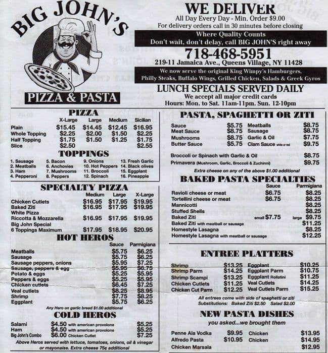 Big John Pizza & Pasta Menu Urbanspoon/Zomato