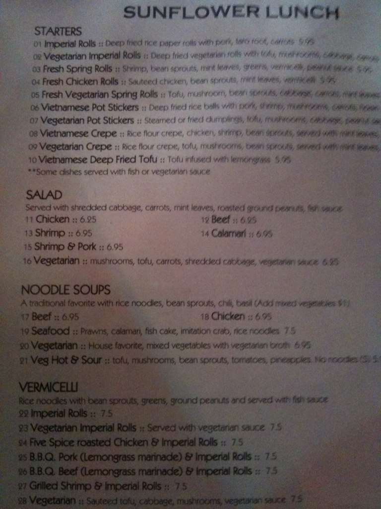 Sunflower Menu, Menu for Sunflower, Potrero, San Francisco Urbanspoon