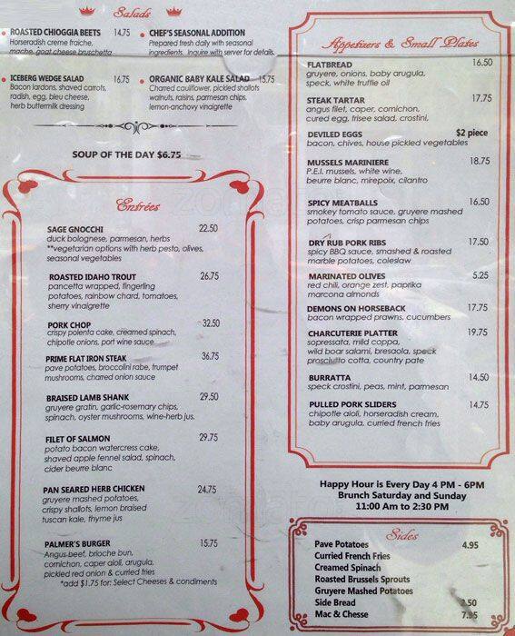 Palmer's Tavern Menu, Menu for Palmer's Tavern, Pacific Heights, San