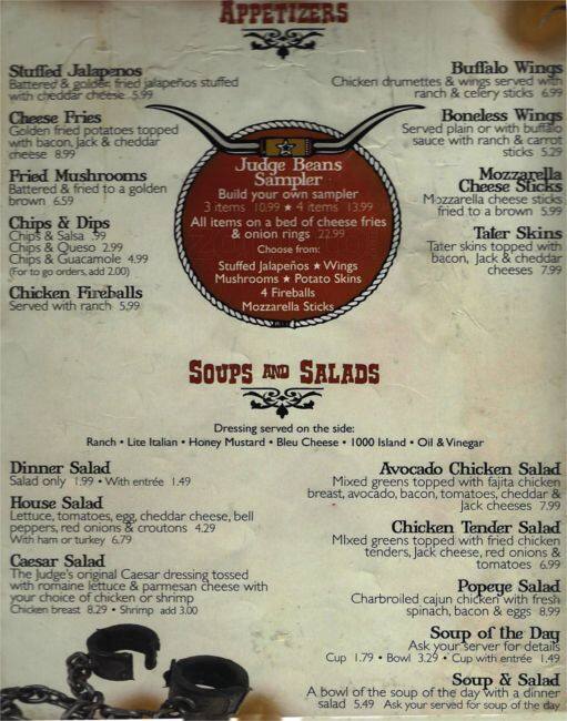 Judge Bean's Menu, Menu for Judge Bean's, Keller, Keller Urbanspoon