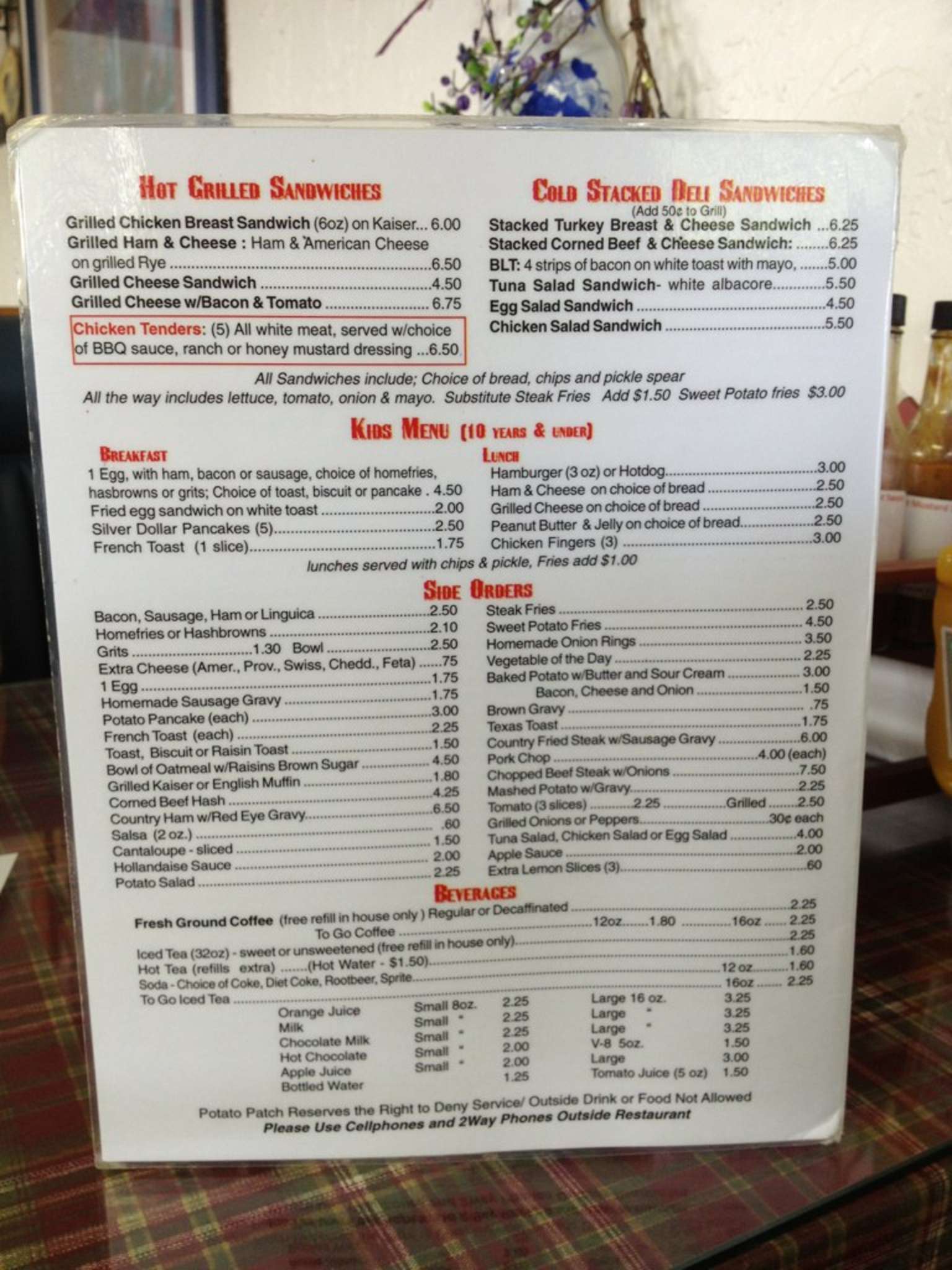 Menu at Doug & Lil's Potato Patch restaurant, DeLand