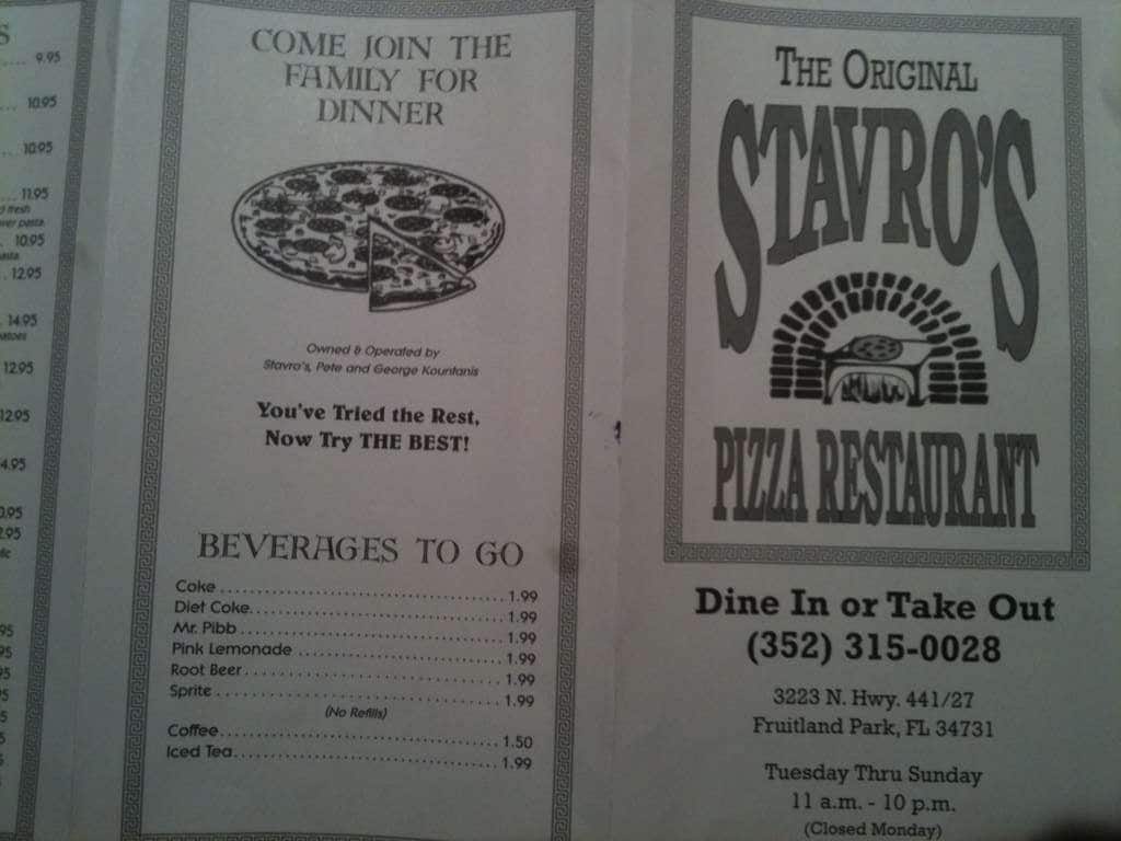 Menu at Stavro's and Sons Fruitland Park pizzeria, Fruitland Park
