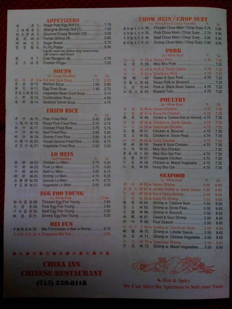 Menu at China Inn restaurant, Merrill