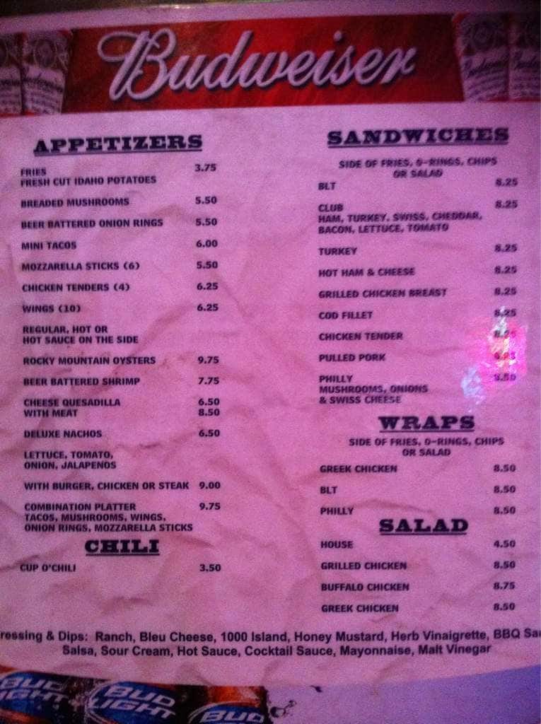 Menu at Silver Dollar Bar, Cody