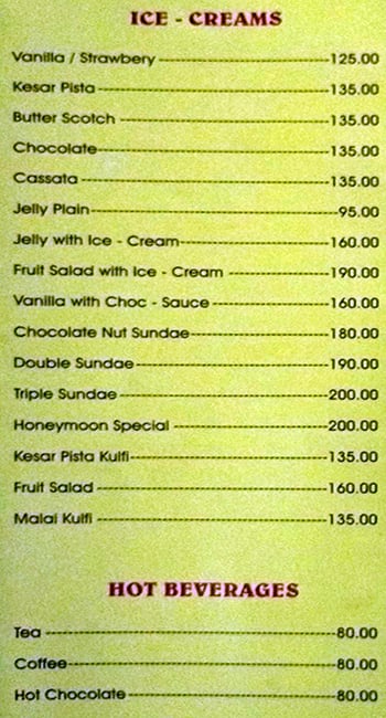 Sun Restaurant menu