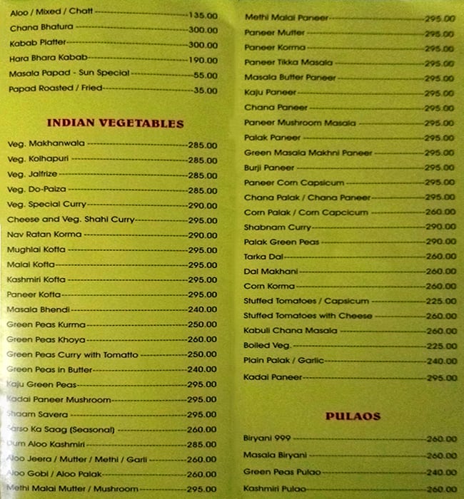 Sun Restaurant menu
