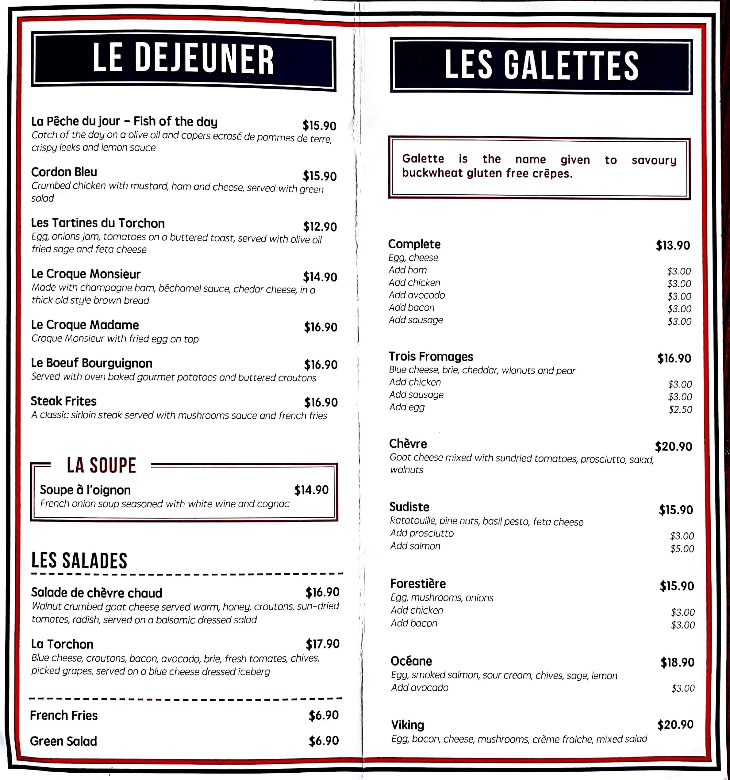 Menu at Torchon French Creperie & Cafe, Auckland