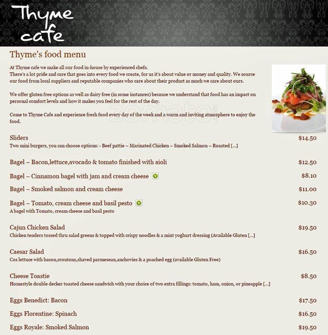 Thyme Cafe Menu, Menu for Thyme Cafe, Prebbleton, Christchurch