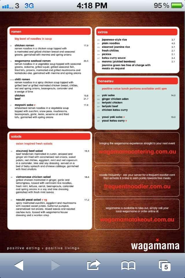 Menu at Wagamama restaurant, Carindale, Creek Rd