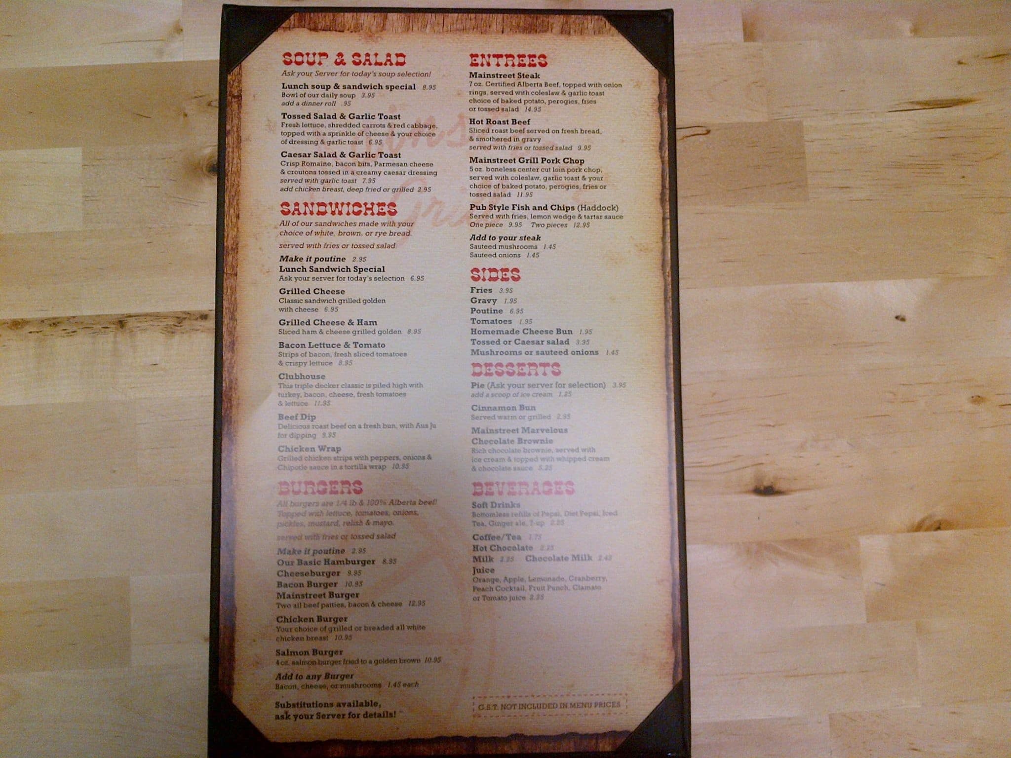 Mainstreet Grill Menu, Menu for Mainstreet Grill, Gibbons, Edmonton Urbanspoon/Zomato