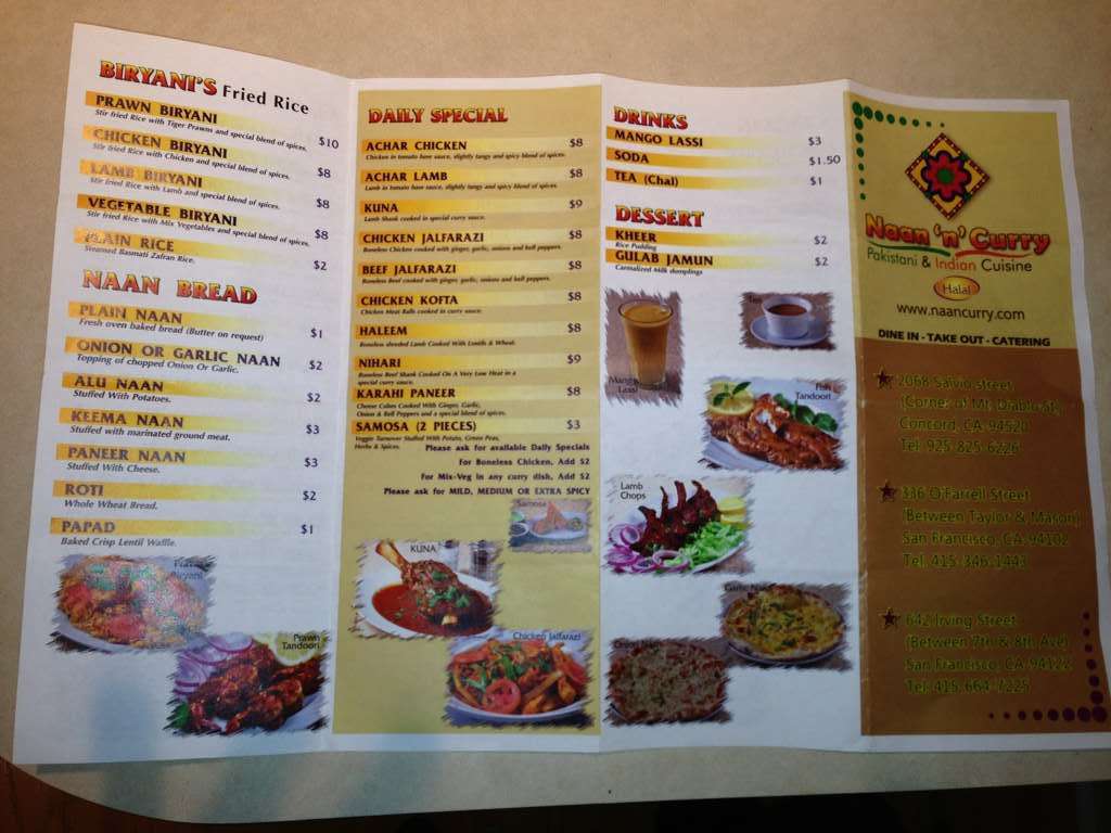 Menu at Naan n Curry restaurant, Concord