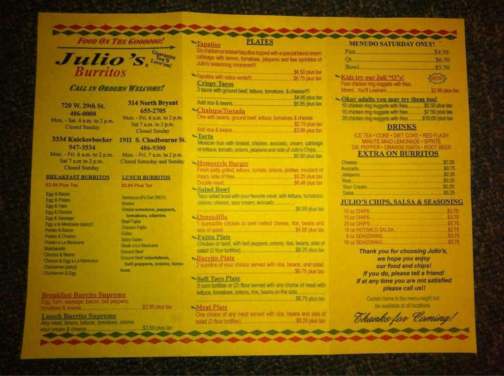 Julio's Burritos Menu, Menu for Julio's Burritos, San