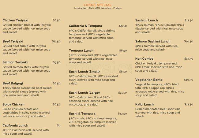 Koris Menu Menu at Kori Sushi Restaurant, Toronto, Bayview Ave