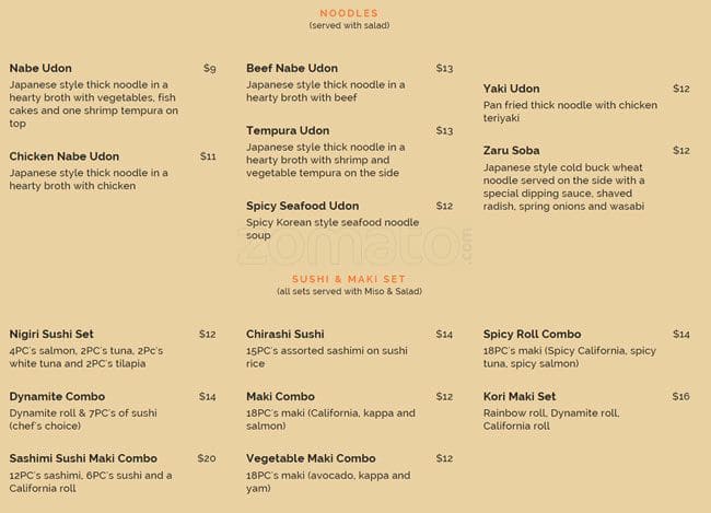 Koris Menu Menu at Kori Sushi Restaurant, Toronto, Bayview Ave