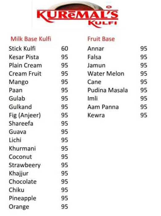 Kuremal Mohan Lal Kulfi Wale menu
