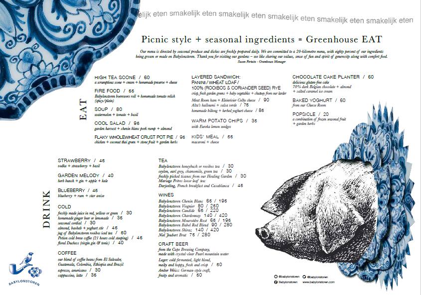 Menu at Greenhouse restaurant, Cape Town