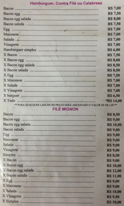 Lanchonete Carimá cardápio