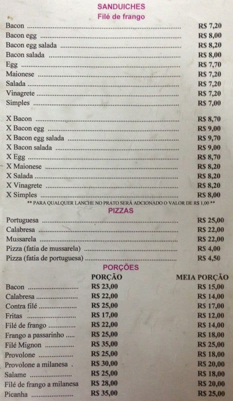 Lanchonete Carimá cardápio