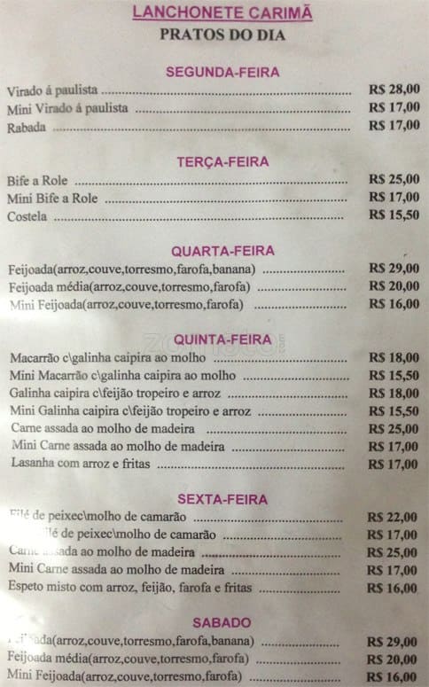 Lanchonete Carimá cardápio