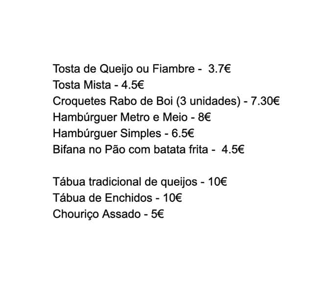 Menu em Metro e Meio restaurante cocktail bar, Lisboa, Avenida 5 de