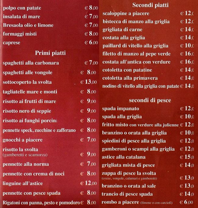 Menu di La Svolta 