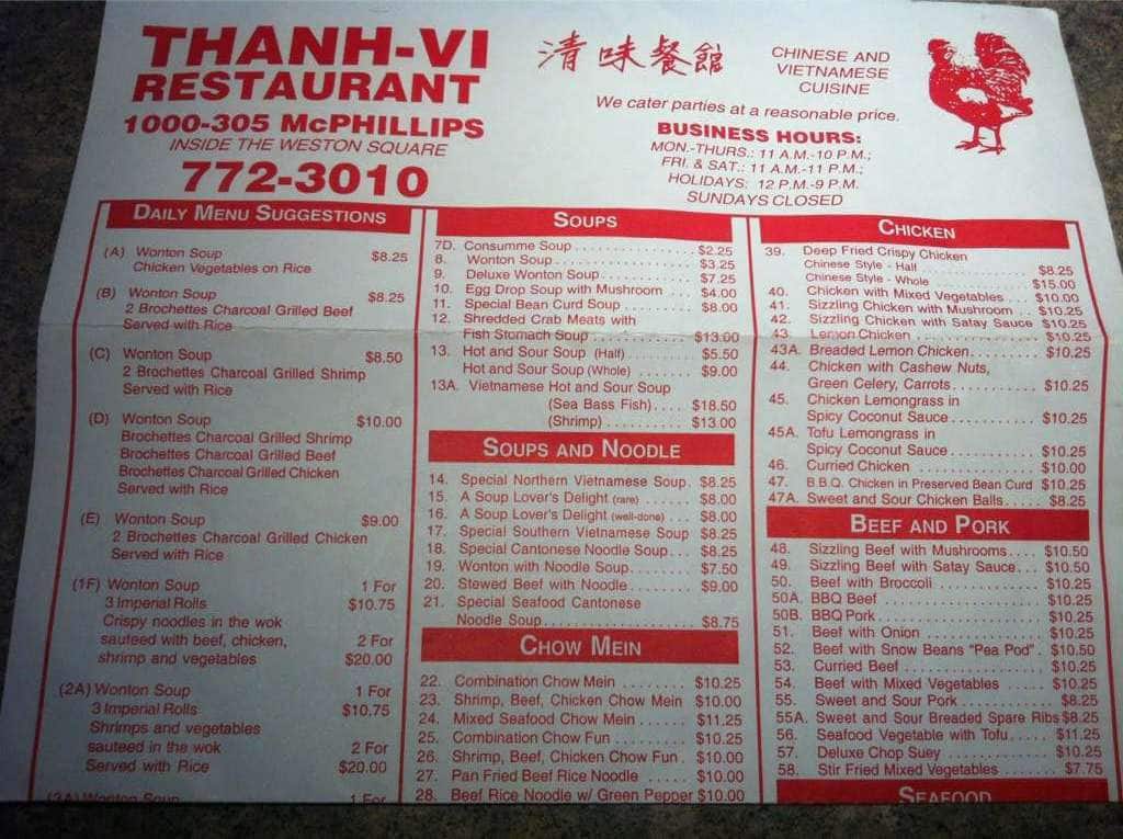 Thanh Vi Menu, Menu for Thanh Vi, West End, Winnipeg Urbanspoon/Zomato