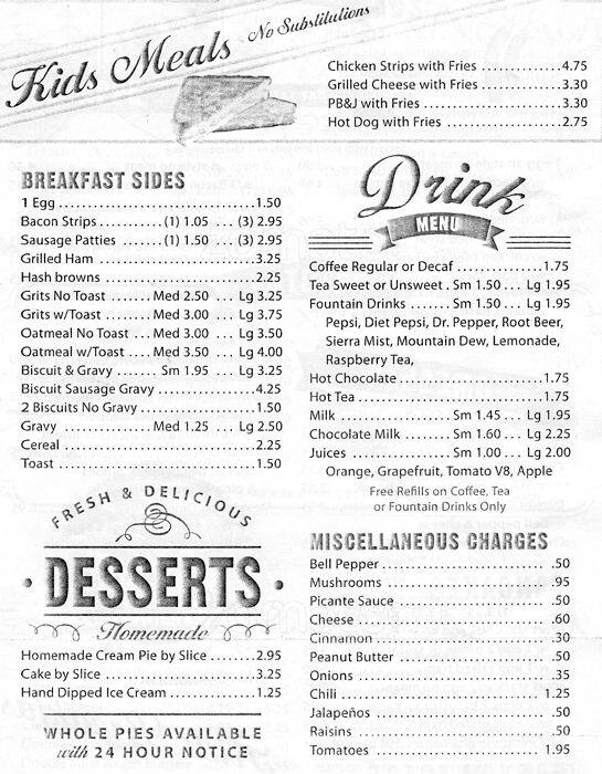 Menu at Judy's Cafe, Garland