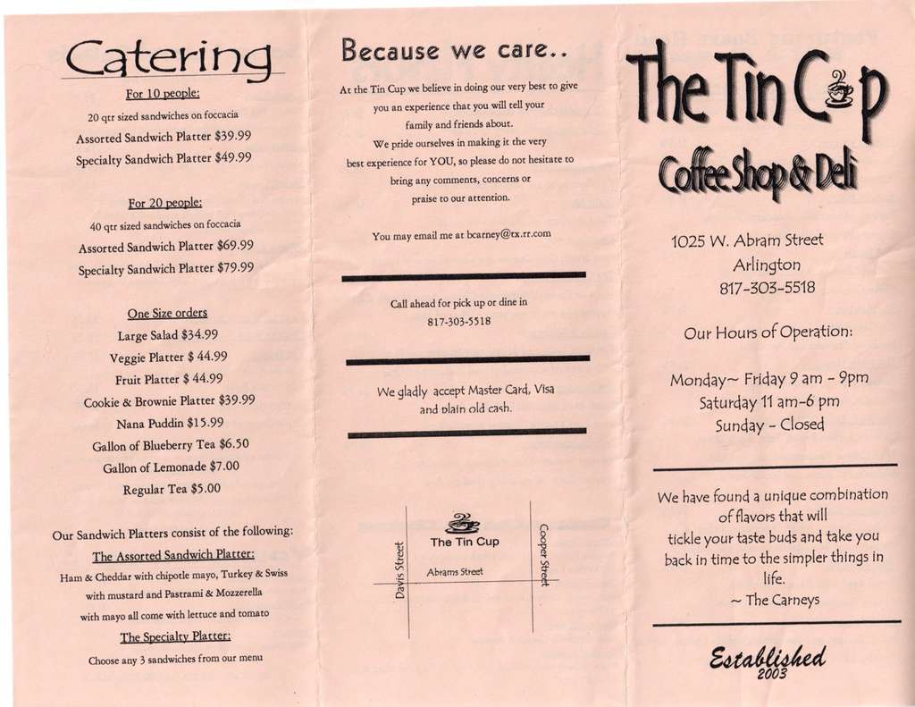 Menu at Tin Cup cafe, Arlington