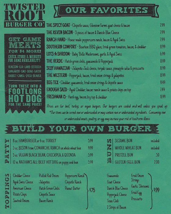 Menu at Twisted Root Burger Company restaurant, Carrollton, S Main St